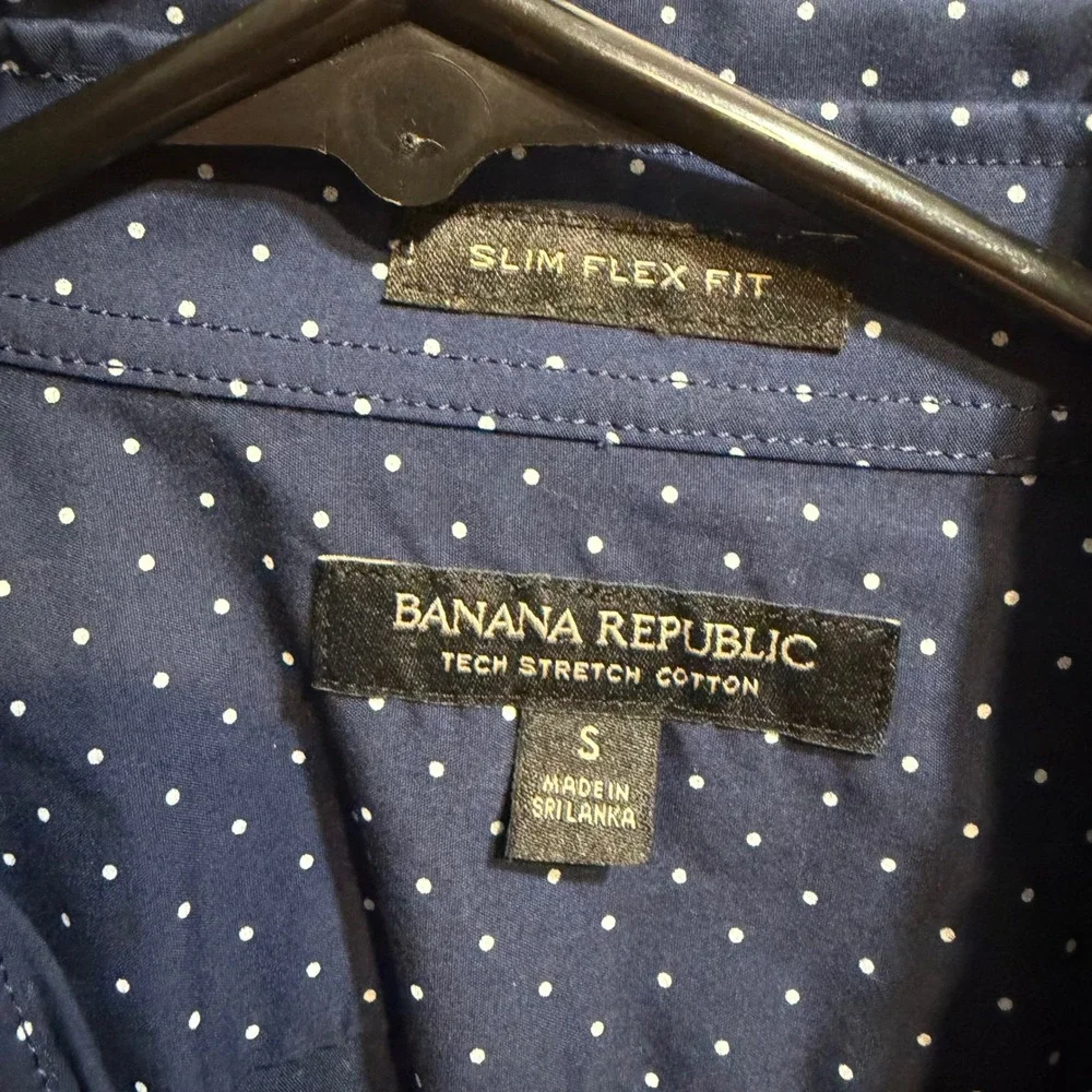 Banana Republic Mens Slim Flex Fit Navy Polka Dot Tech Stretch Cotton Shirt S